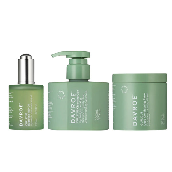 Davroe CURLiCUE Hydrating Hair Oil, Cleansing Clay and Conditioning Rinse Trio