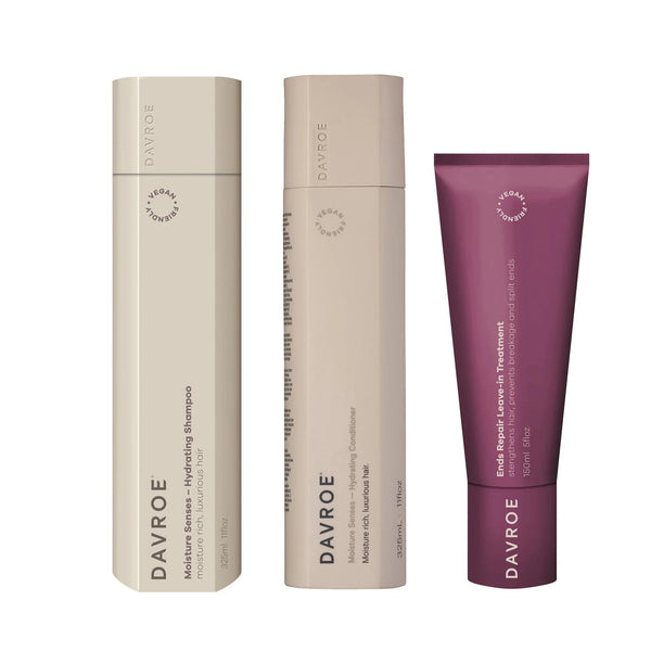 Davroe Moisture Senses Hydrating Shampoo, Conditioner & Ends Repair Leave-In Treatment