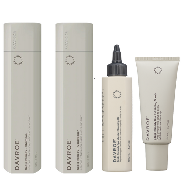 Davroe Scalp Remedy Shampoo, Conditioner, Exfoliating Scrub & Micellar Cleansing Oil Quad