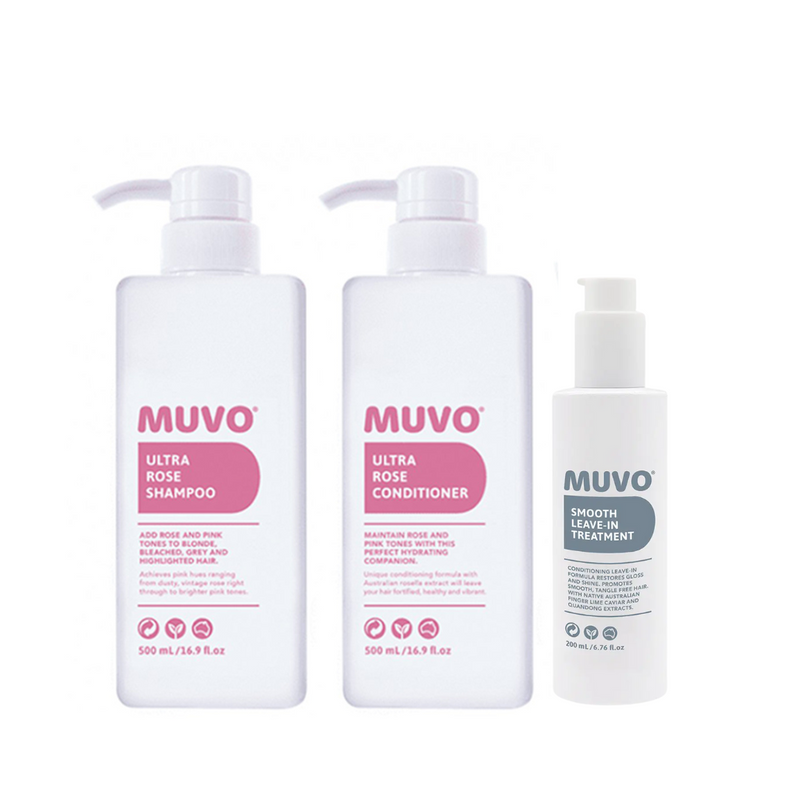 MUVO Ultra Rose Shampoo, Conditioner & Smooth Leave-In Treatment Trio