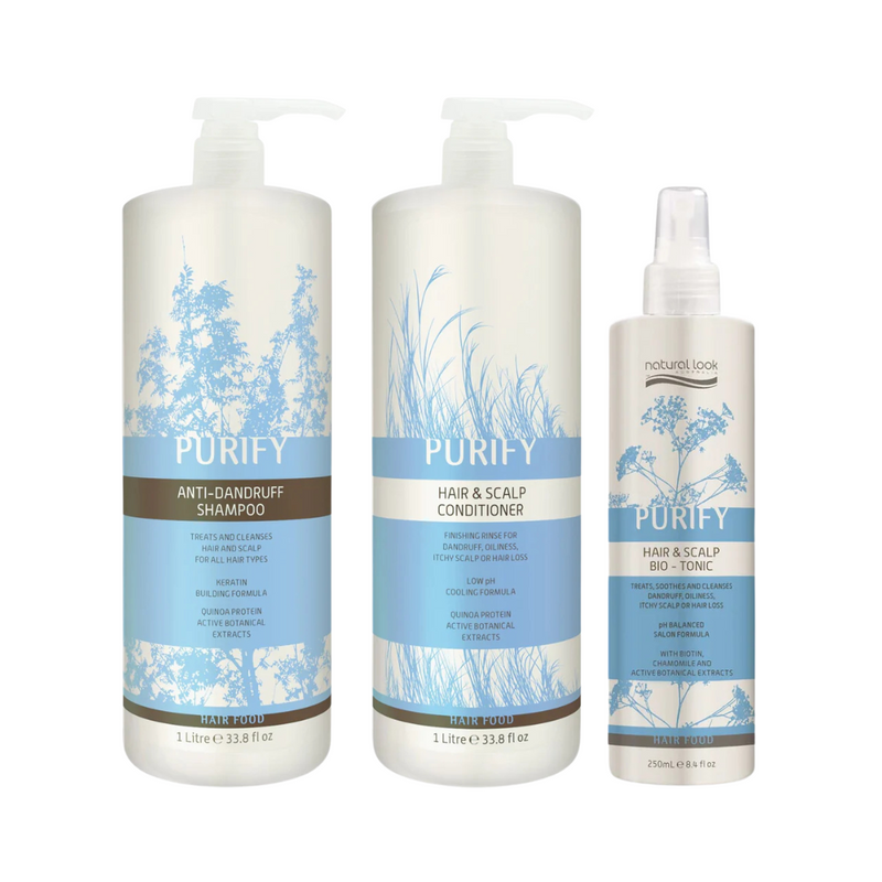Natural Look Purify Anti-Dandruff Shampoo, Conditioner 1 Litre & Tonic Treatment Spray 250ml Trio
