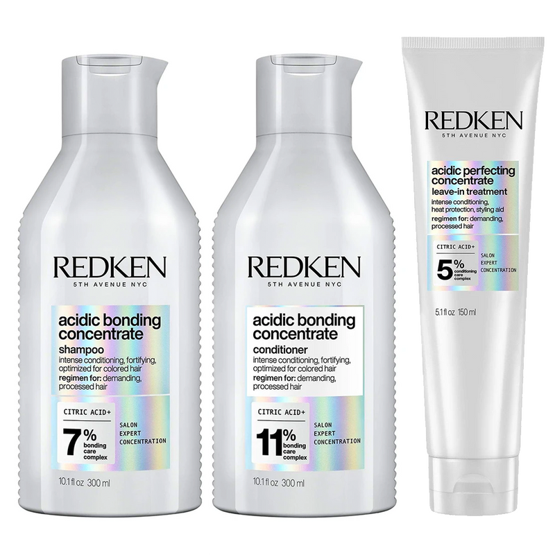 Redken Acidic Bonding Concentrate Shampoo, Conditioner and Leave-In Treatment Trio