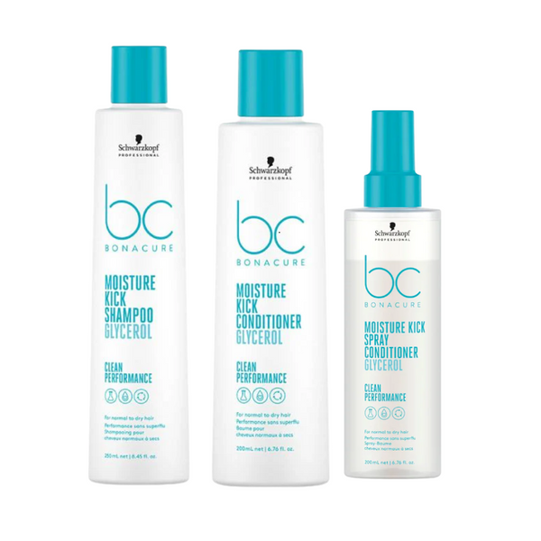 Schwarzkopf Professional BC Clean Performance Moisture Kick Shampoo, Conditioner & Spray Conditioner Trio