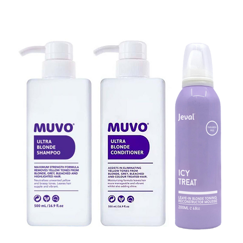 MUVO Ultra Blonde Shampoo, Conditioner & Jeval Icy Treat Reconstructor Mousse Value Bundle