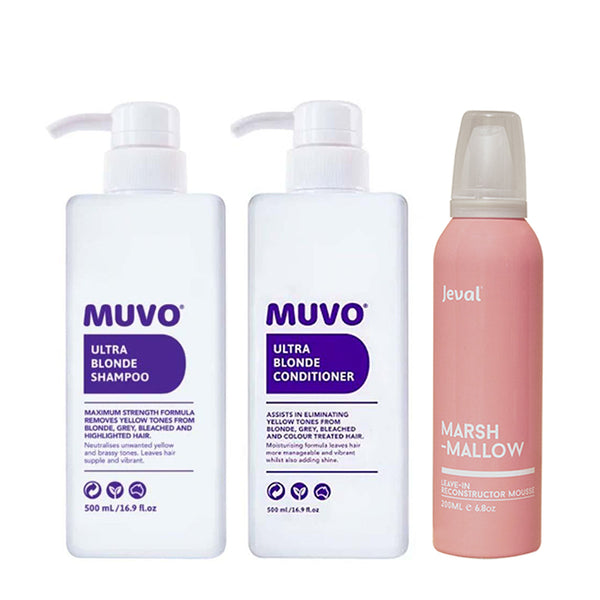 MUVO Ultra Blonde Shampoo, Conditioner & Jeval Marshmallow Treatment Trio - Beautopia Hair & Beauty